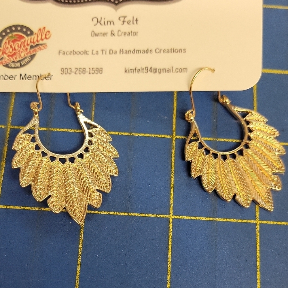 Bohemian Gold Tone Feather Leaf Earrings